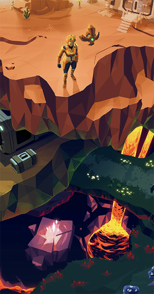 A character in sci-fi armour looks down a giant chasm, revealing various layers to the world, ending in lava pools at the bottom.