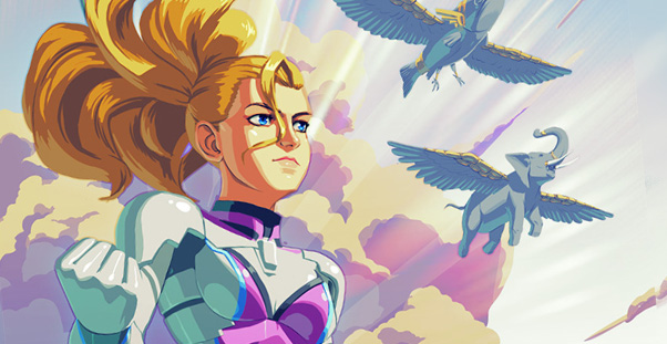 Princess Arch flying through the air, while her support animals appear flying in formation above her.
