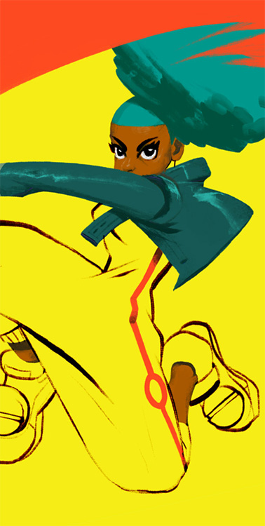 The character Vinyl jumping while spraying some red spraypaint. She wears a yellow jumpsuit which blends into the yellow background.