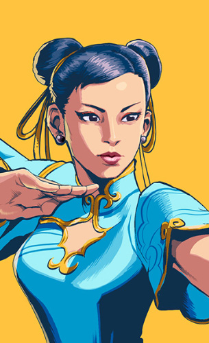 Chun-li striking a pose on a yellow background.