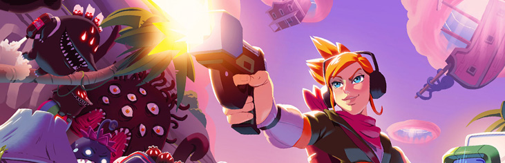 A lone human girl fights off hoards of monsters while shooting her gun. Monsters in the sunlight are colourful and cute, but the monsters in the shadows are scarier with glowing eyes.