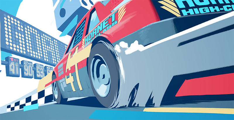 The Hornet car is rushing towards the finishing line. We see the car from a low camera angle as it heads to the goal sign with colourful lines flying off from the car to emphasise the speed.