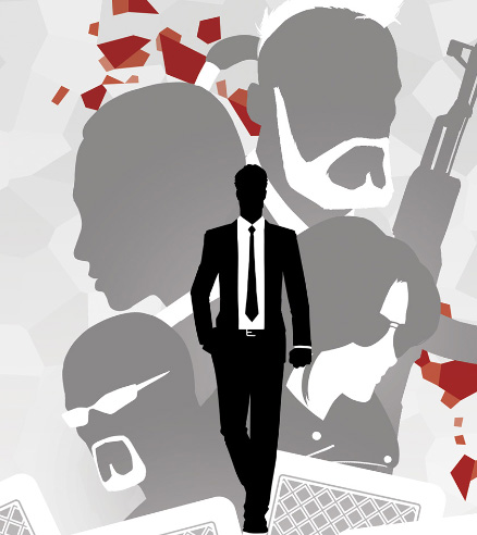 A silhouetted agent stands calmly with one hand in his pocket. In the background are head portraits of various enemies from the game with some cards and a splatter of stylised blood.