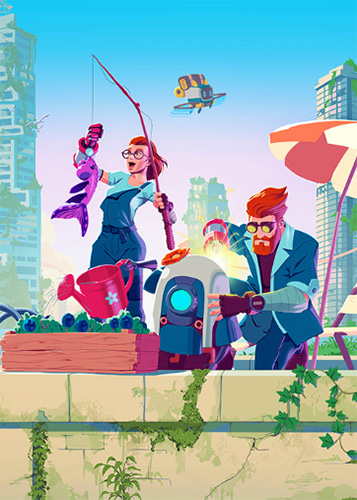 Two human characters with robotic arms are keeping busy with fishing and mending a robot. In the background the world appears to be in ruin with sky scraper buildings poking out of endless water.