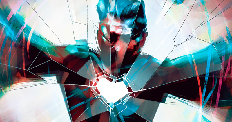 A shadowy figure made of glass is cracked, with the break coming from a heart-shaped hold in his chest.
