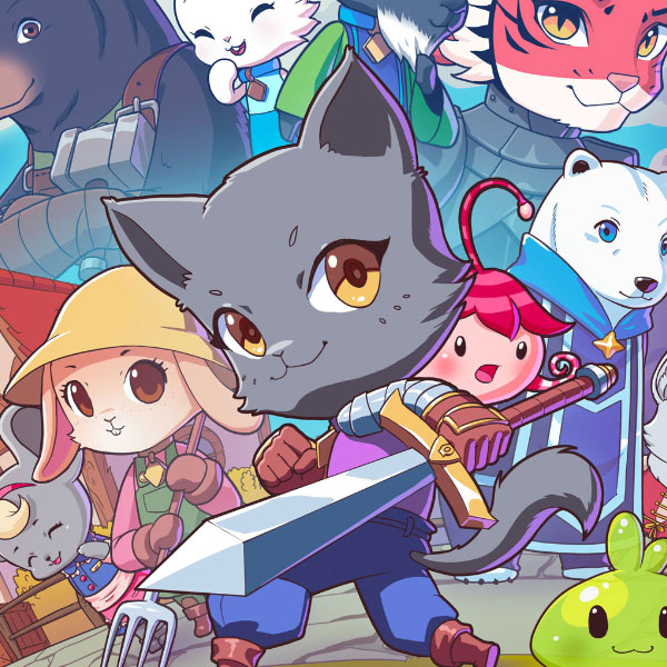 Kitaria Fables keyart. A heroic cat character stand boldly in front of the towns villagers while am ominous dark cloud looms in the background.