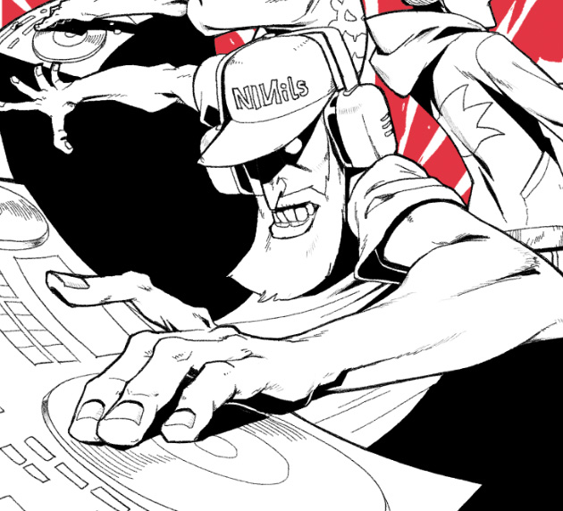 Three DJ's at individual decks, arranged in a circle so it looks like they're all playing together.