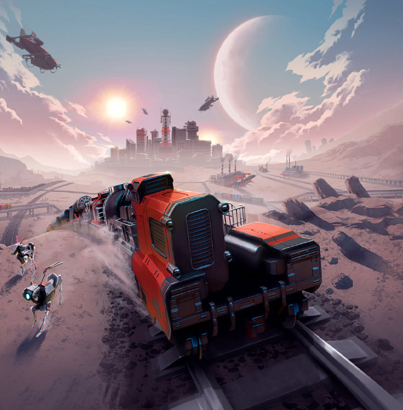 A futuriistic red train rushes towards the camera. The trainline stretches out to the background which leads of a huge city in the distance.