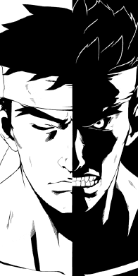 A black and white portrait of Street Fighter's Ryu. It's split down the middle, with the left showing his light side, eyes closed at peace. On the right is his dark side, baring his teeth and showing a glowing eye.