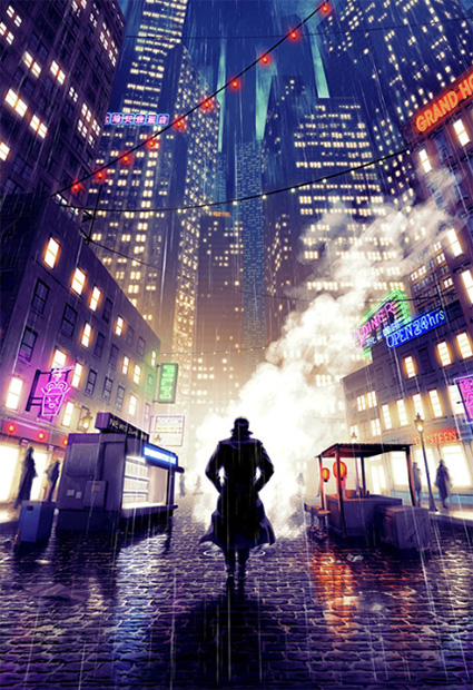 A lone detective walks the streets of a Noir-Sci-Fi gritty city with impossibly tall buildings.