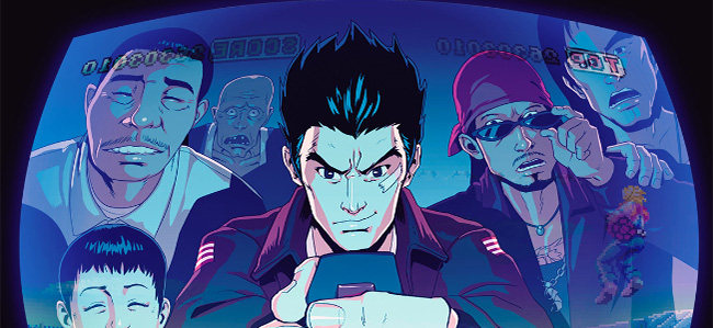 A view from inside the Space Harrier machine. We look out to see Ryo at the controls while a selection of Shenmue background characters watch on in amazement.